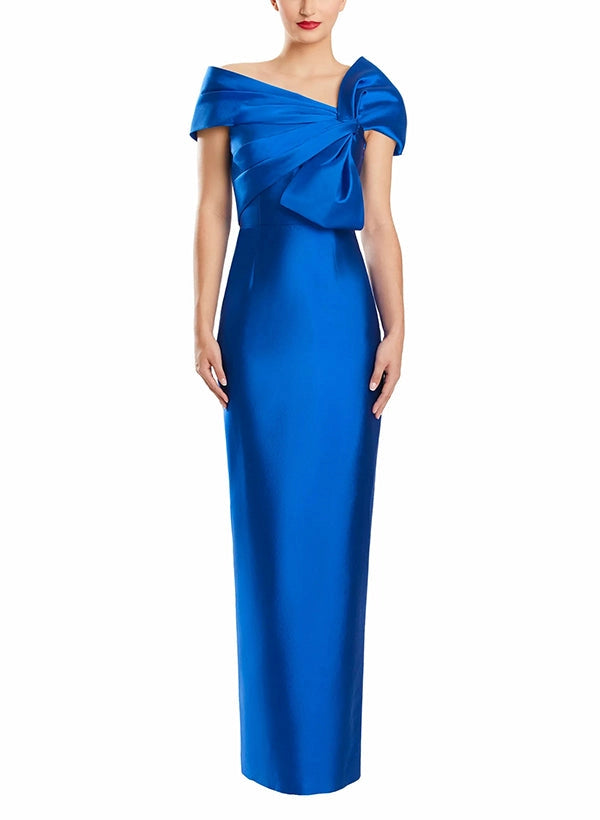 Royal blue Mother of the Bride Dress featuring an asymmetrical off-shoulder neckline, oversized bow detail, draped bodice and floor-length sheath skirt by Loverlm.