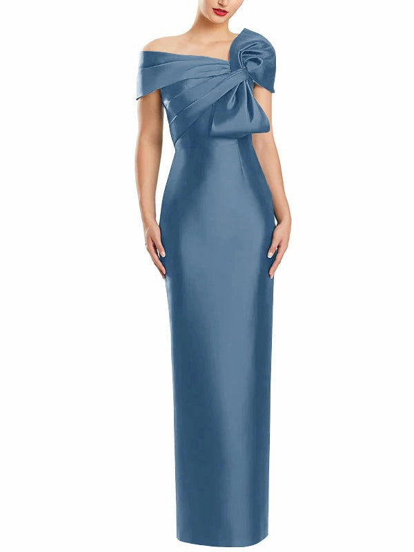 Elegant Sheath Asymmetrical Off Shoulder Short Sleeve Button Back Slit Floor Length Mother of the Bride Dress