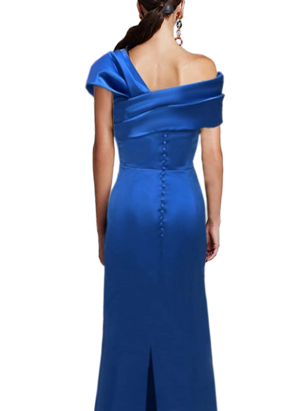 Elegant Sheath Asymmetrical Off Shoulder Short Sleeve Button Back Slit Floor Length Mother of the Bride Dress
