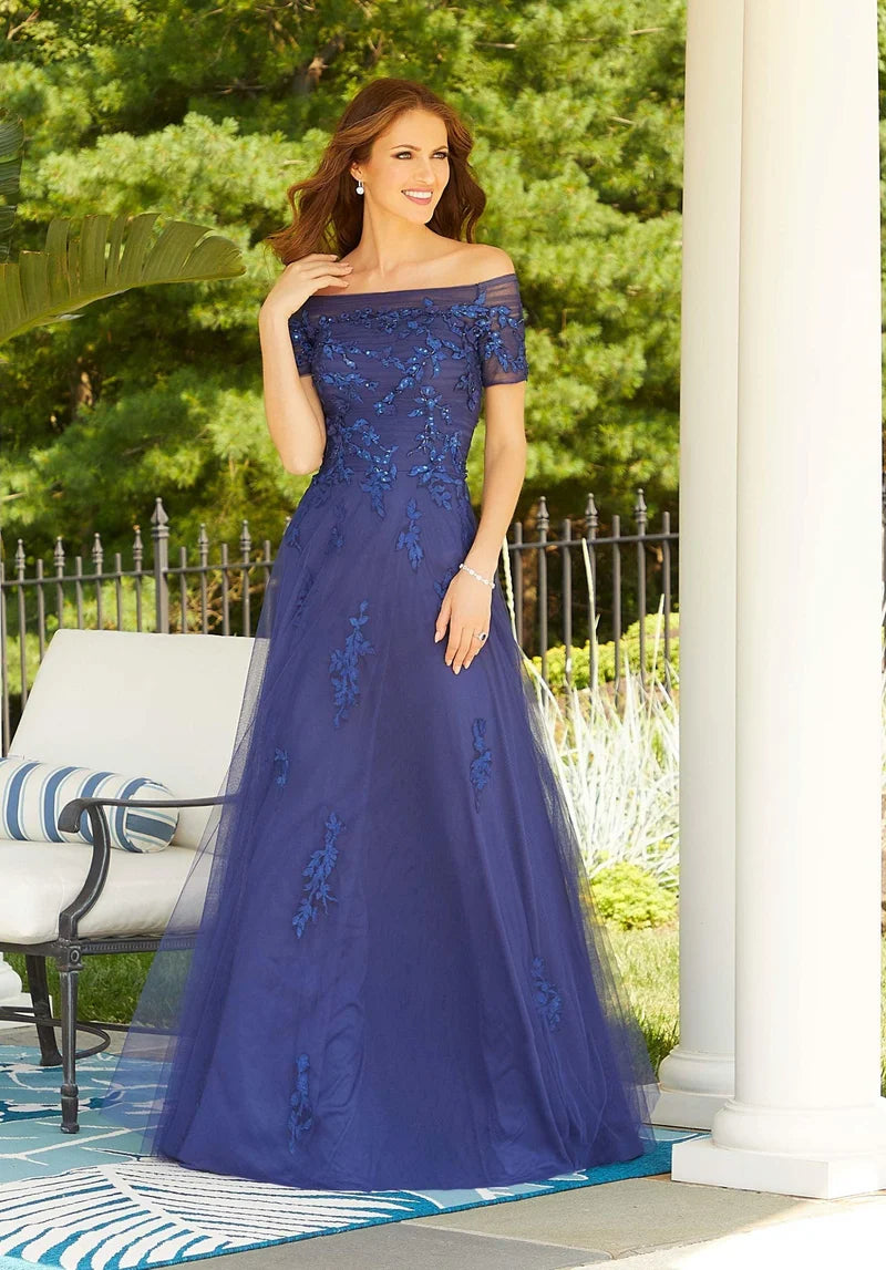 Loverlm royal blue mother of the bride dress with off-shoulder illusion neckline lace bodice short sleeves and floor-length A-line skirt