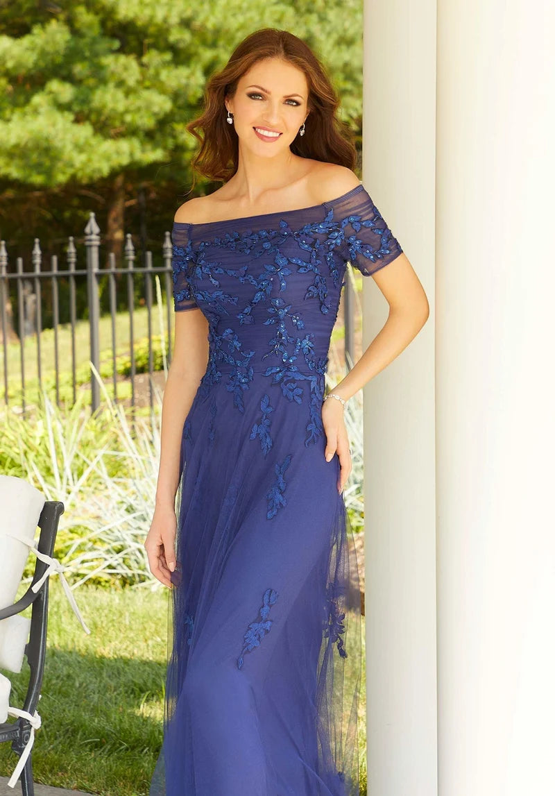 Elegant A-Line Off-Shoulder Short-Sleeve Keyhole-Back Floor-Length Mother Dress