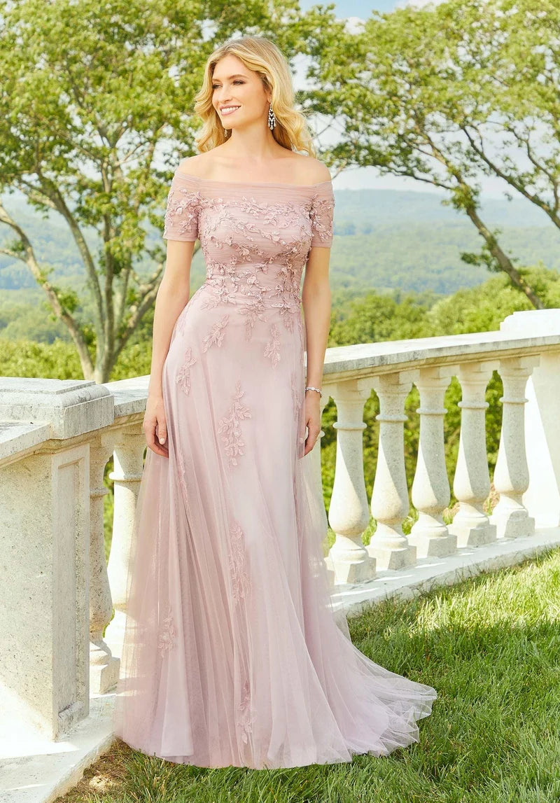 Elegant A-Line Off-Shoulder Short-Sleeve Keyhole-Back Floor-Length Mother Dress