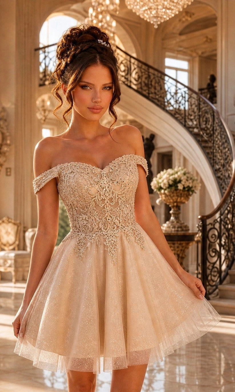Romantic A Line Sweetheart Off Shoulder Tulle Mini Homecoming Dress