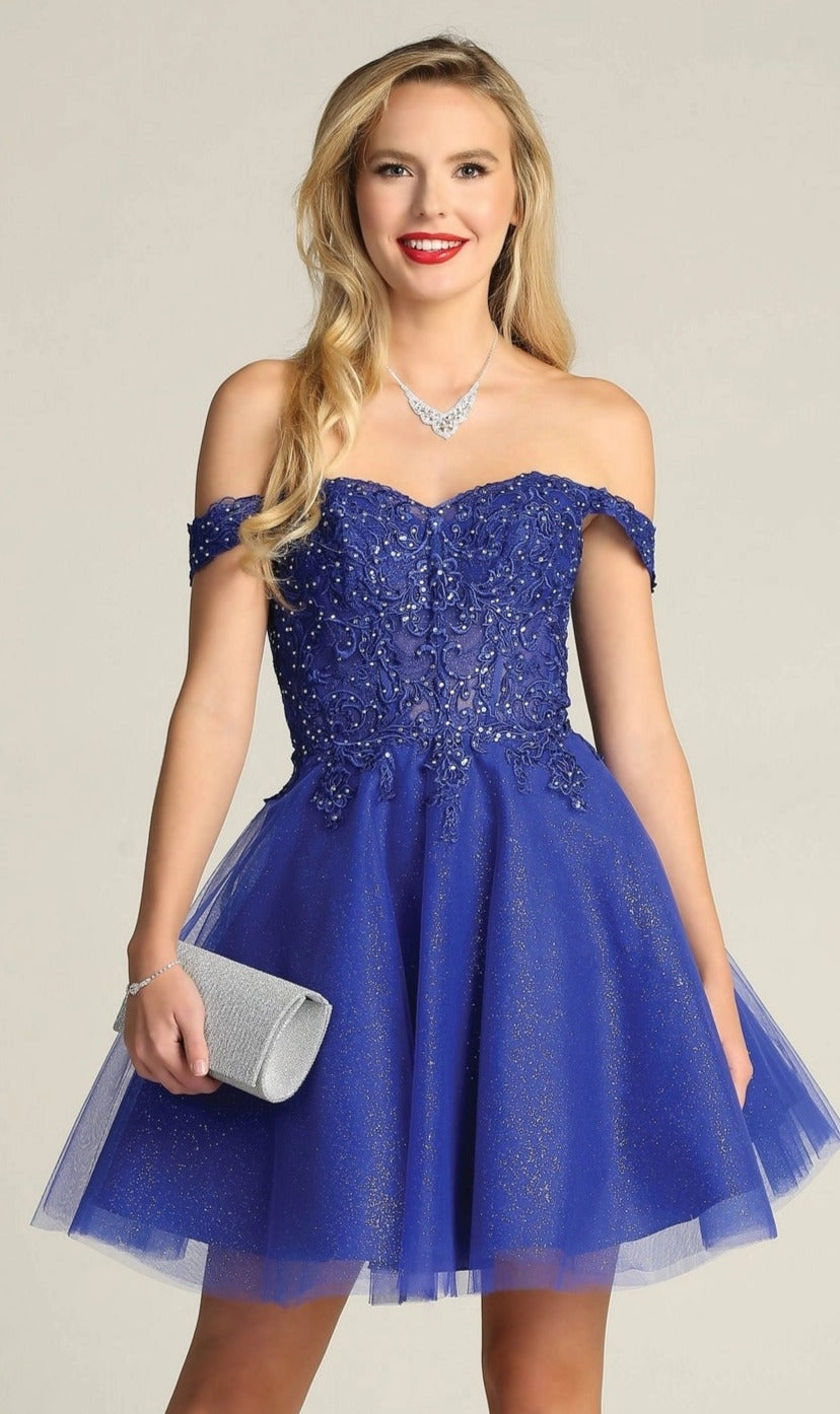 Royal blue A-line homecoming dress with sweetheart neckline, off-shoulder sleeves, beaded lace bodice and sparkling glitter tulle mini skirt by Loverlm