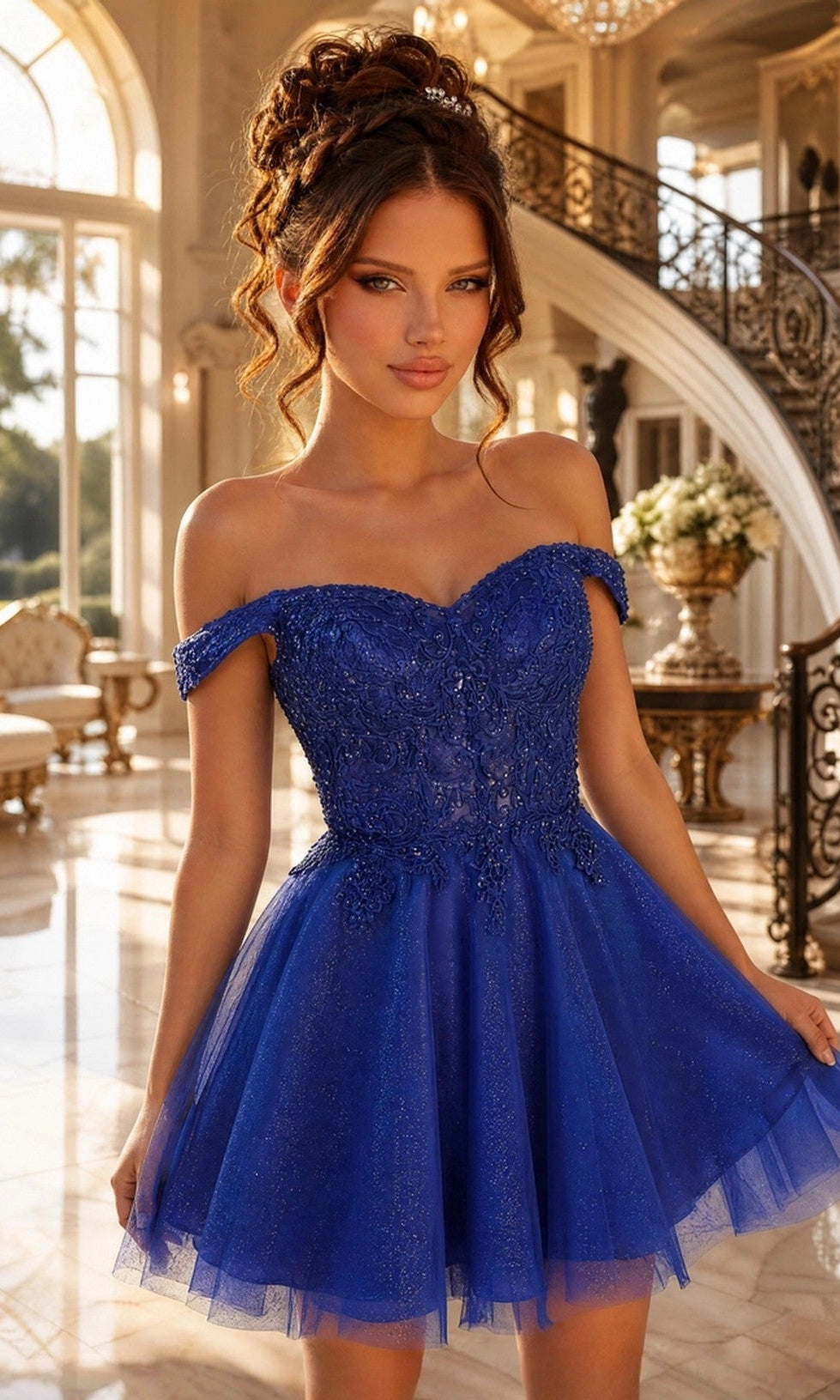 Romantic A Line Sweetheart Off Shoulder Tulle Mini Homecoming Dress