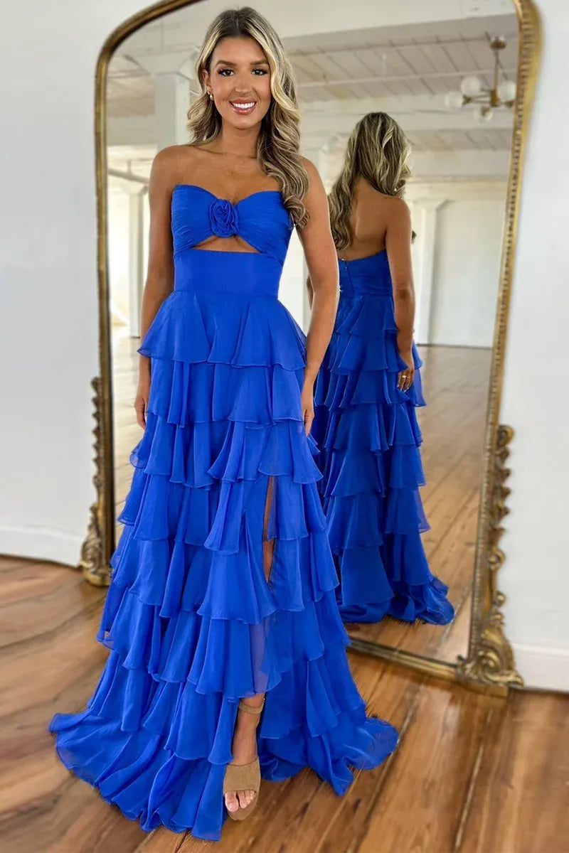 Loverlm royal blue strapless prom dress with a sweetheart rosette bodice, triangular front cutout, tiered chiffon skirt and high slit, front view.