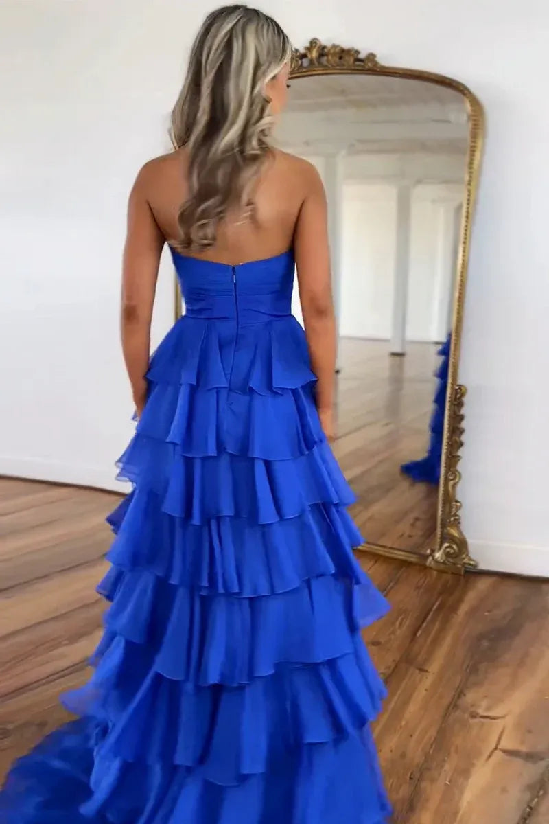 Bold Chiffon A-Line Sweetheart Strapless Zipper-Back Tiered Floor-Length Prom Dress
