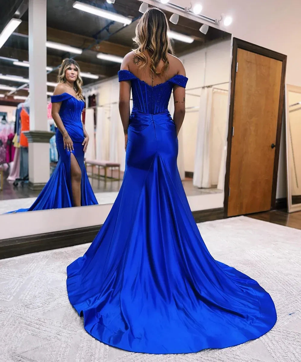 Glamorous Satin Lace Mermaid Sleeveless Corset High Slit Floor Length Prom Dress