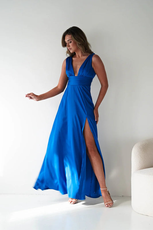 Loverlm royal blue satin A-line prom dress with plunging V-neckline, ruched empire waist, thigh-high slit and flowing floor-length skirt front view