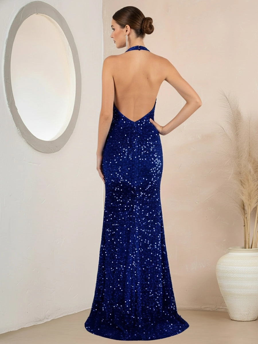 Glamorous Sequin Mermaid V-Neck Sleeveless Backless Slit Floor-Length Prom Dress