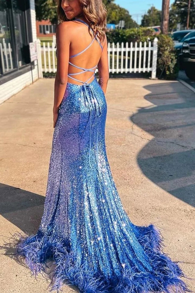 Loverlm Stunning Sequin Mermaid Square-Neck Spaghetti-Strap Lace-Up Back Slit Floor-Length Prom Dress
