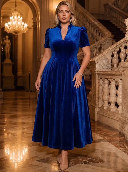Loverlm royal blue Mother of the Bride dress with stand collar short puff sleeves velvet fabric defined waist and A-line tea-length skirt