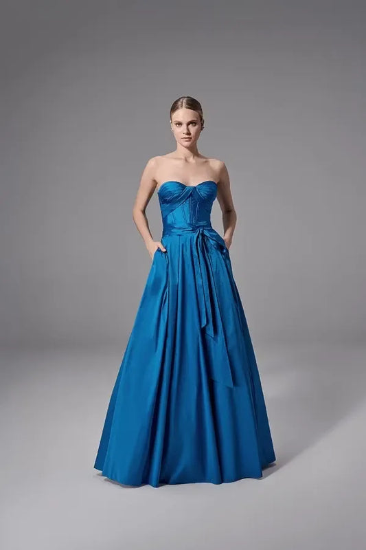 Loverlm royal blue prom dress with sweetheart strapless neckline ruched bodice draped waist tie and full floor-length A-line skirt