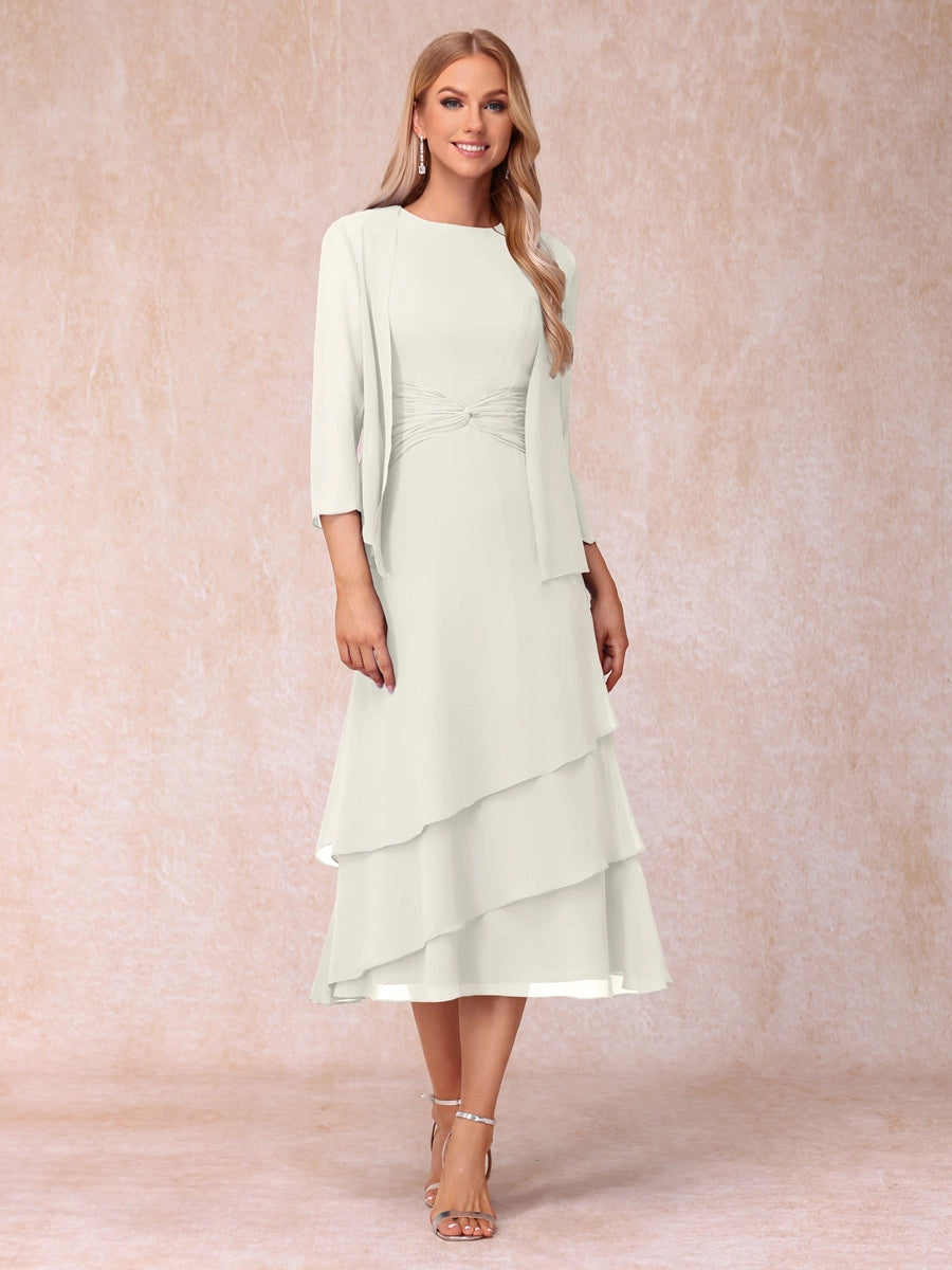 Elegant Royal Blue A-Line Round-Neck Three-Quarter-Sleeve Zip-Back Midi Mother of the Bride Dress