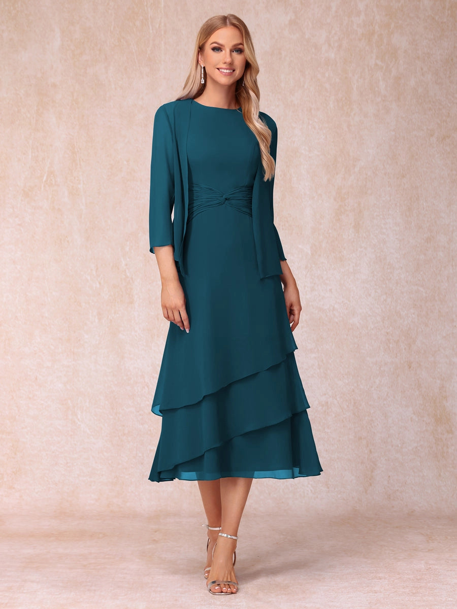 Elegant Royal Blue A-Line Round-Neck Three-Quarter-Sleeve Zip-Back Midi Mother of the Bride Dress