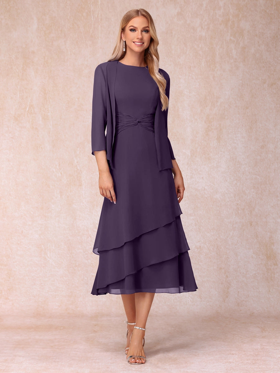 Elegant Royal Blue A-Line Round-Neck Three-Quarter-Sleeve Zip-Back Midi Mother of the Bride Dress