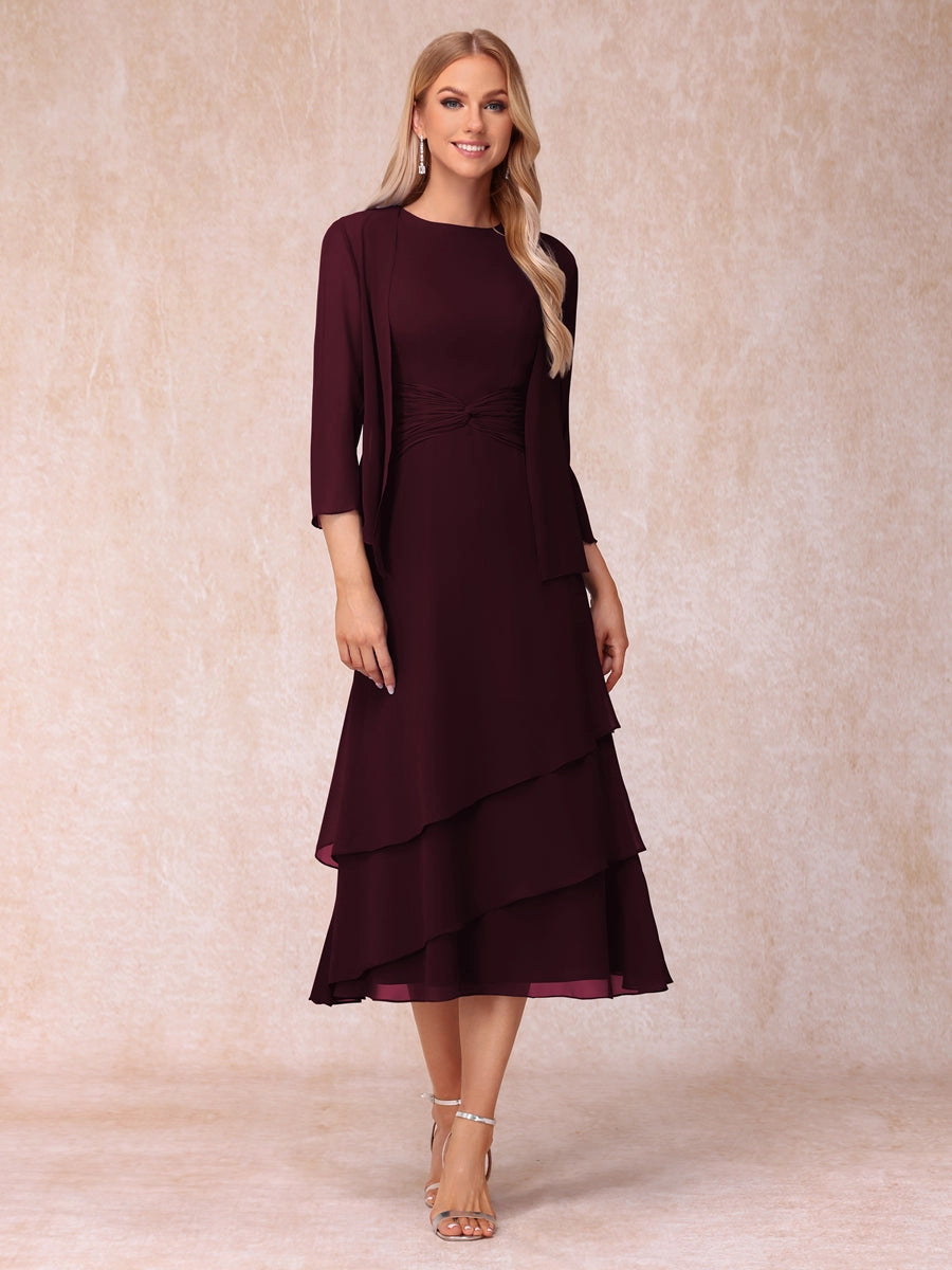 Elegant Royal Blue A-Line Round-Neck Three-Quarter-Sleeve Zip-Back Midi Mother of the Bride Dress