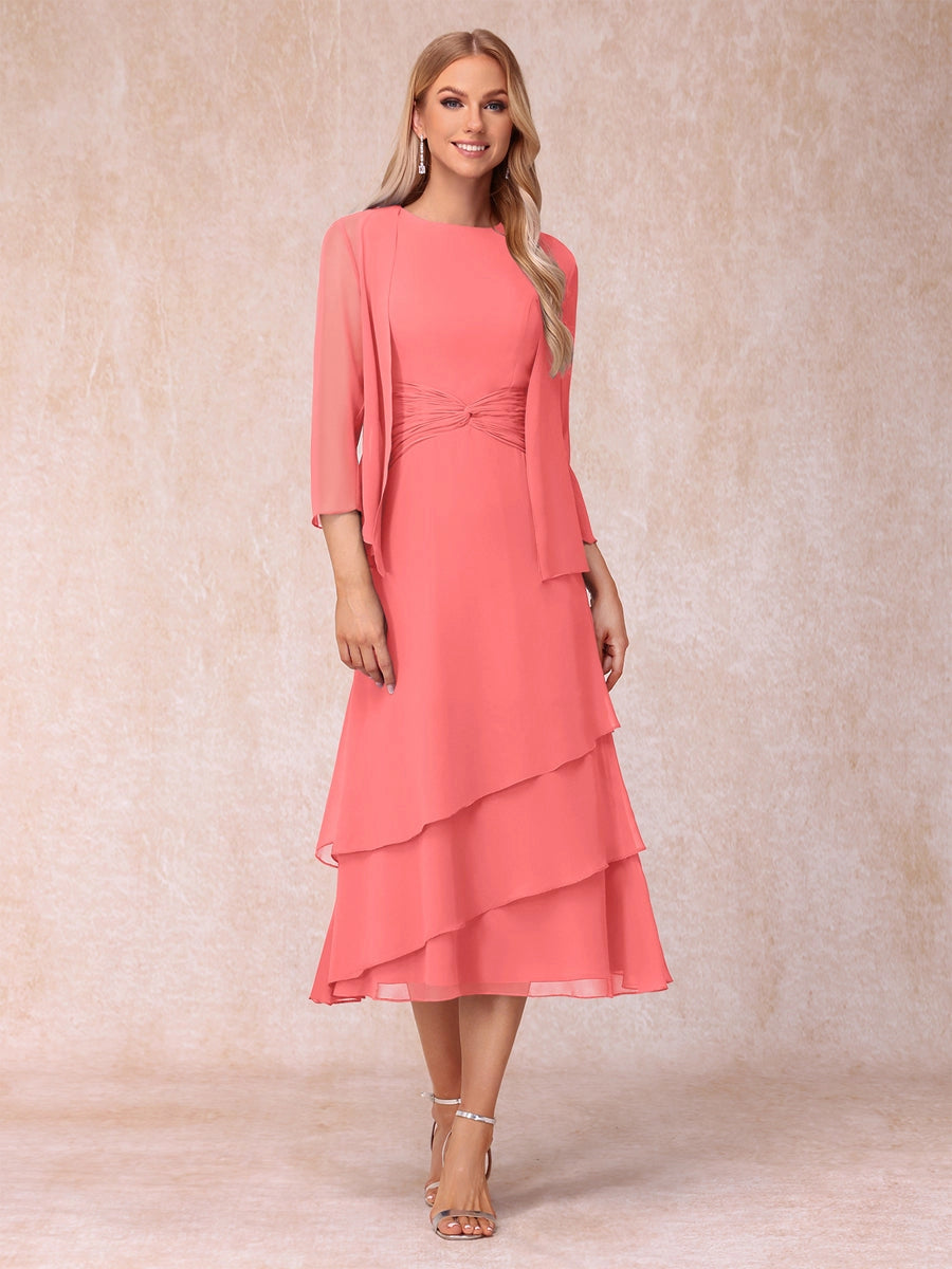 Elegant Royal Blue A-Line Round-Neck Three-Quarter-Sleeve Zip-Back Midi Mother of the Bride Dress