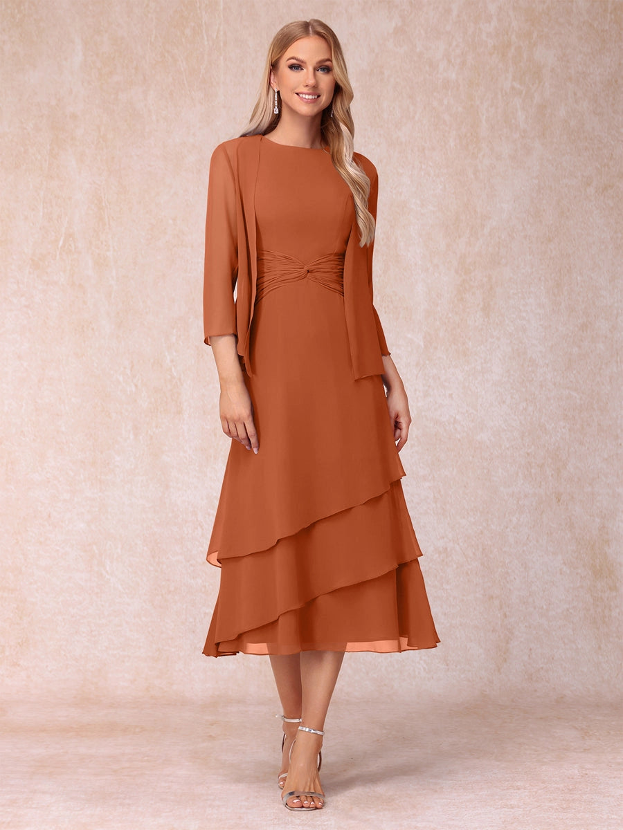 Elegant Royal Blue A-Line Round-Neck Three-Quarter-Sleeve Zip-Back Midi Mother of the Bride Dress