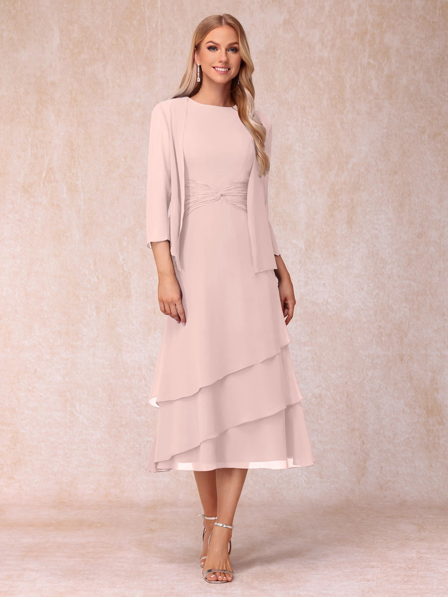 Elegant Royal Blue A-Line Round-Neck Three-Quarter-Sleeve Zip-Back Midi Mother of the Bride Dress