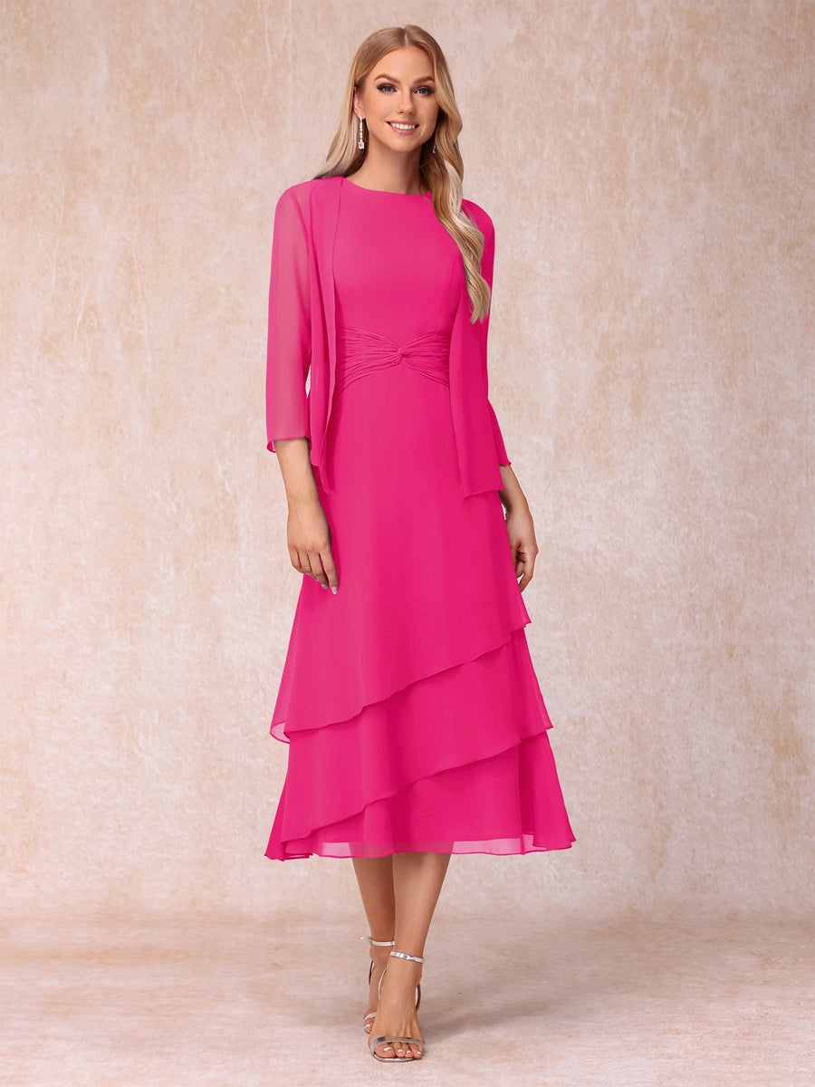 Elegant Royal Blue A-Line Round-Neck Three-Quarter-Sleeve Zip-Back Midi Mother of the Bride Dress