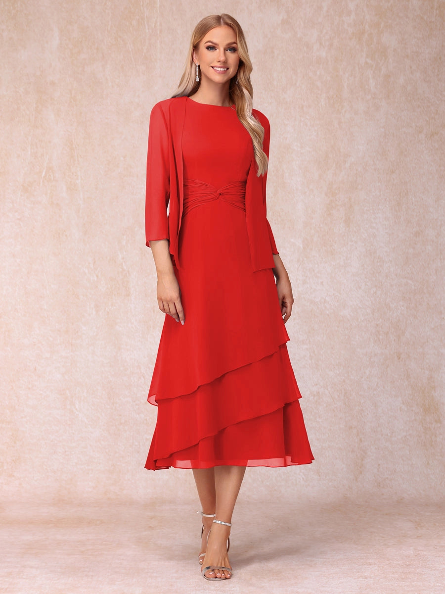 Elegant Royal Blue A-Line Round-Neck Three-Quarter-Sleeve Zip-Back Midi Mother of the Bride Dress