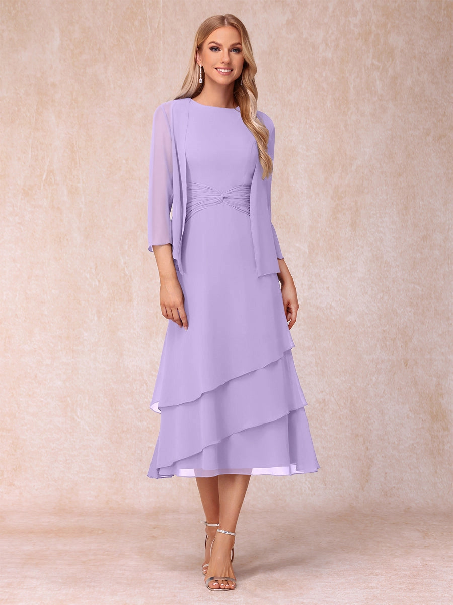 Elegant Royal Blue A-Line Round-Neck Three-Quarter-Sleeve Zip-Back Midi Mother of the Bride Dress