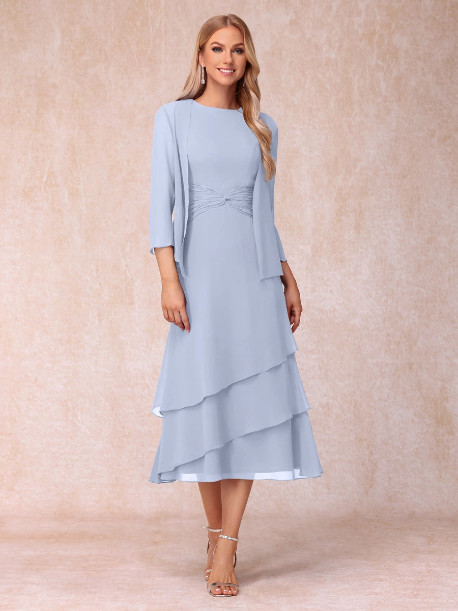 Elegant Royal Blue A-Line Round-Neck Three-Quarter-Sleeve Zip-Back Midi Mother of the Bride Dress
