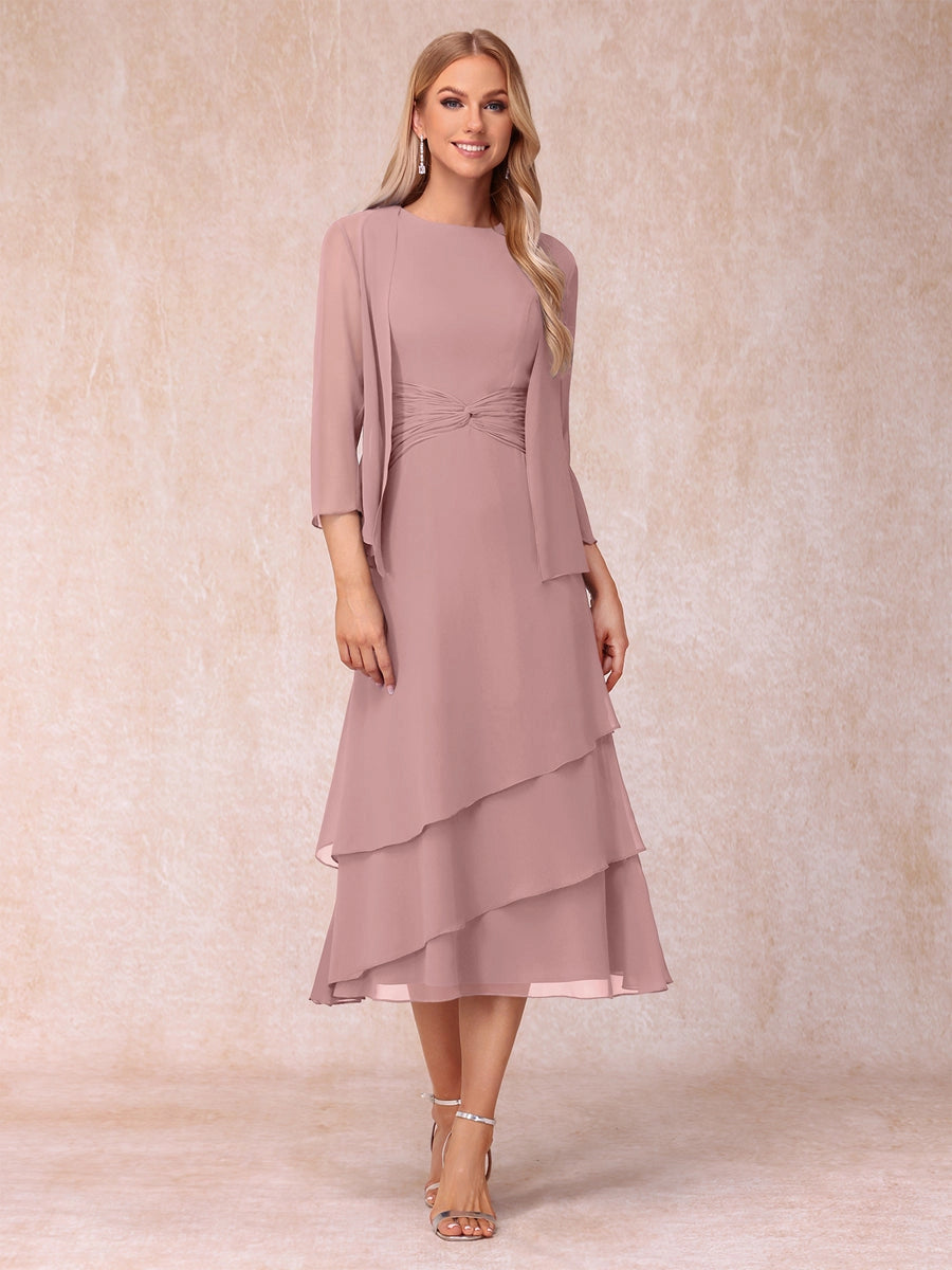 Elegant Royal Blue A-Line Round-Neck Three-Quarter-Sleeve Zip-Back Midi Mother of the Bride Dress
