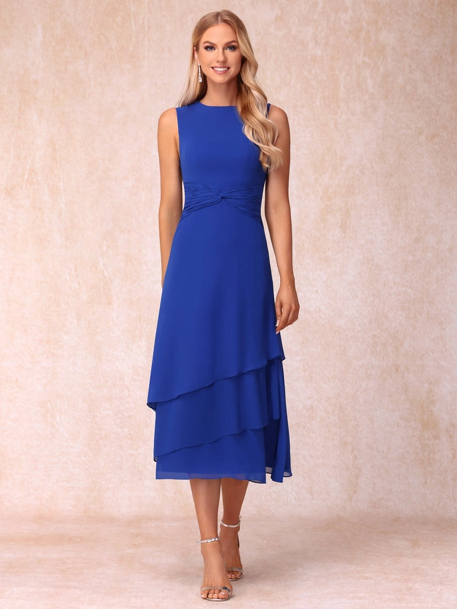 Loverlm royal blue A-line mother of the bride dress front view with round neckline, ruched waist, three-quarter sleeve jacket and layered midi skirt