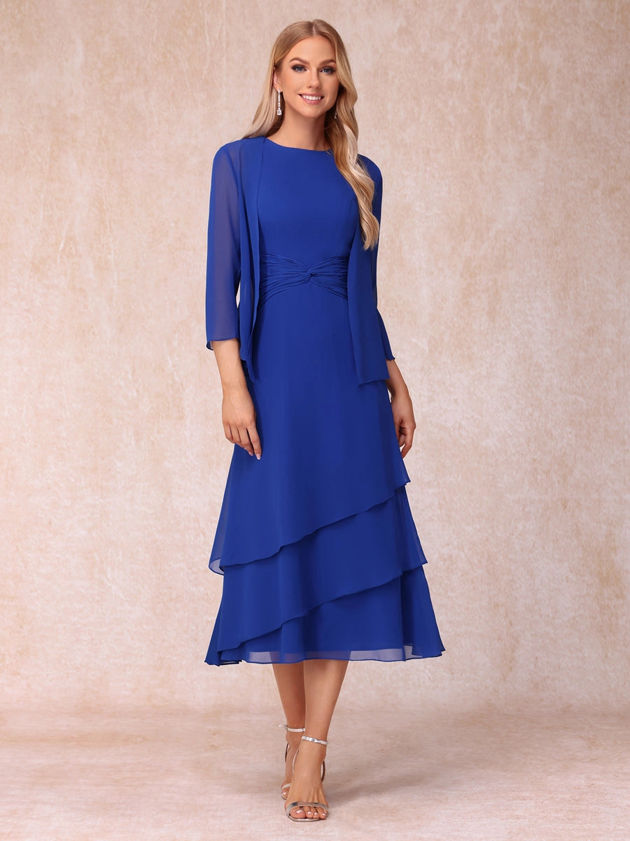 Elegant Royal Blue A-Line Round-Neck Three-Quarter-Sleeve Zip-Back Midi Mother of the Bride Dress