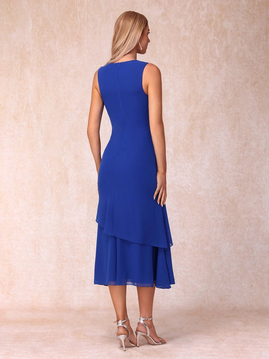 Elegant Royal Blue A-Line Round-Neck Three-Quarter-Sleeve Zip-Back Midi Mother of the Bride Dress