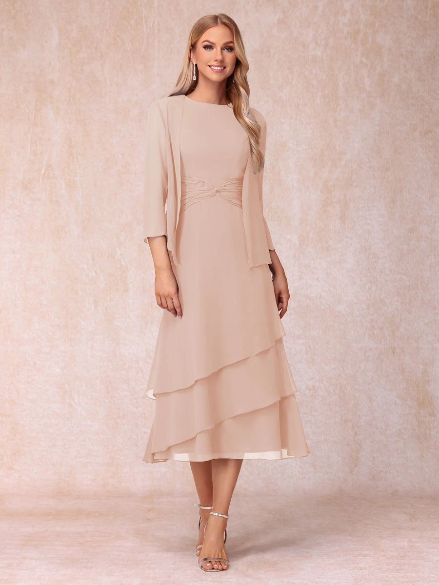 Elegant Royal Blue A-Line Round-Neck Three-Quarter-Sleeve Zip-Back Midi Mother of the Bride Dress