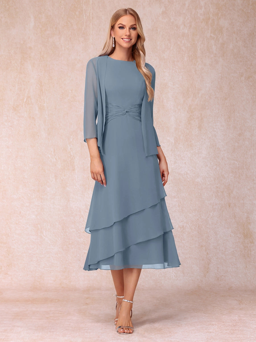 Elegant Royal Blue A-Line Round-Neck Three-Quarter-Sleeve Zip-Back Midi Mother of the Bride Dress