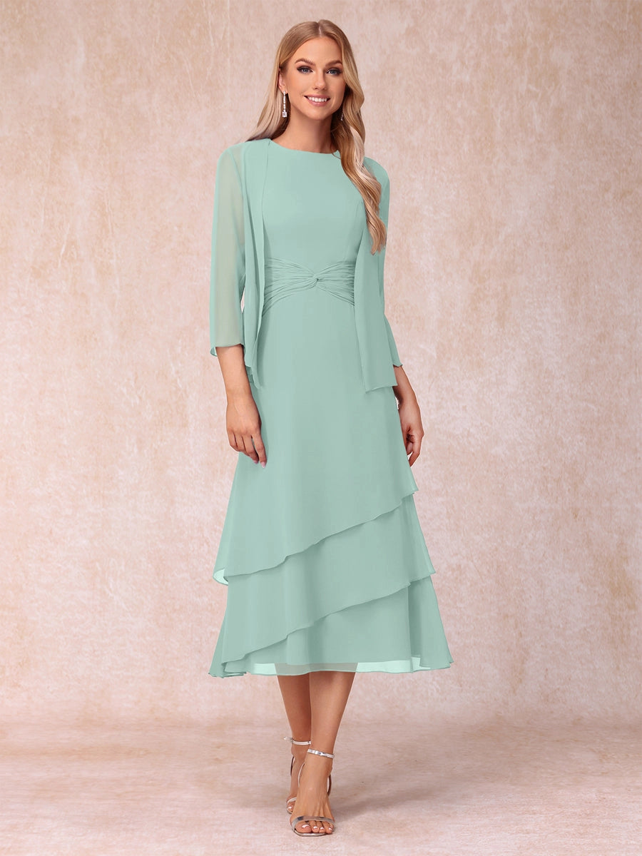 Elegant Royal Blue A-Line Round-Neck Three-Quarter-Sleeve Zip-Back Midi Mother of the Bride Dress