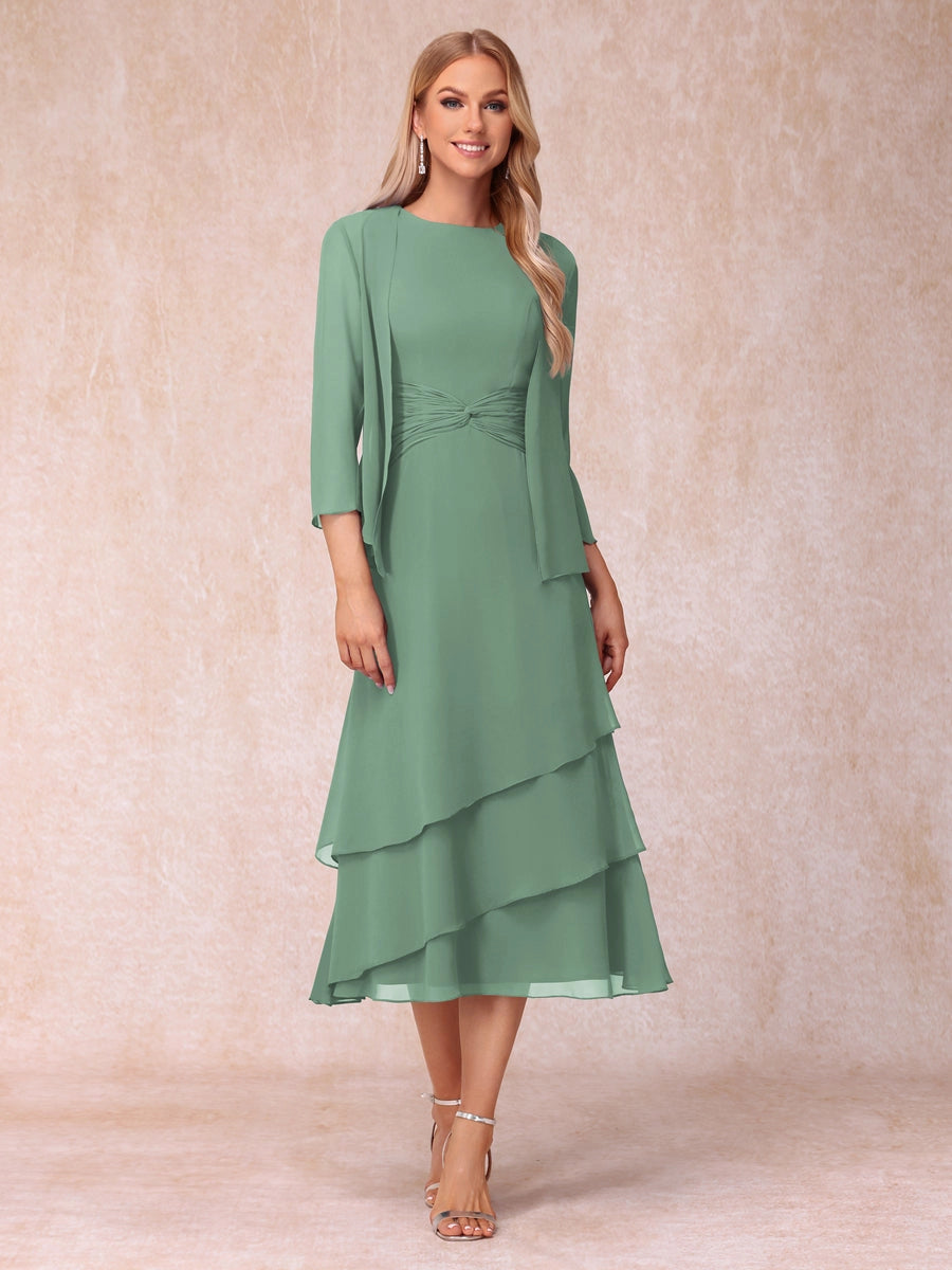 Elegant Royal Blue A-Line Round-Neck Three-Quarter-Sleeve Zip-Back Midi Mother of the Bride Dress