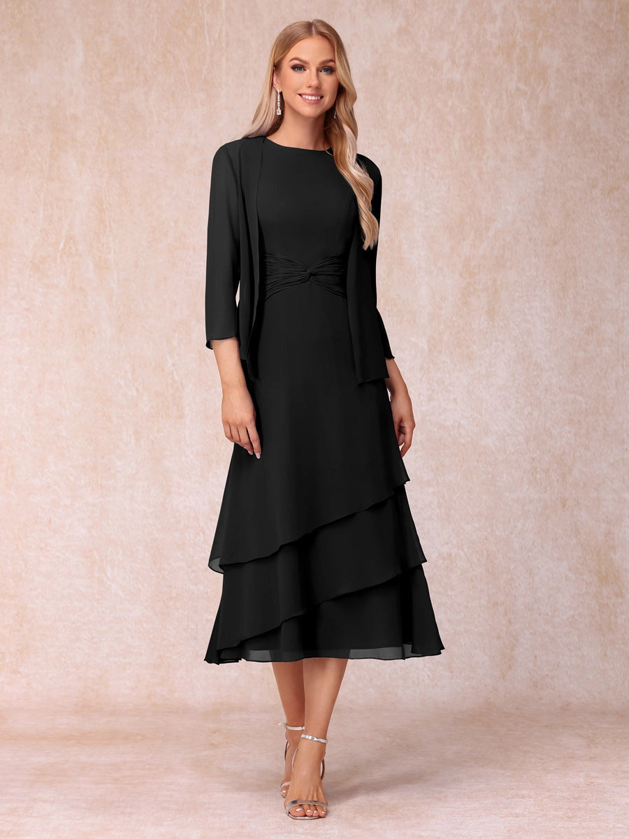 Elegant Royal Blue A-Line Round-Neck Three-Quarter-Sleeve Zip-Back Midi Mother of the Bride Dress