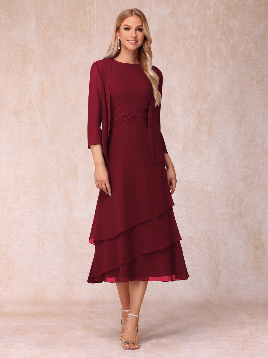 Elegant Royal Blue A-Line Round-Neck Three-Quarter-Sleeve Zip-Back Midi Mother of the Bride Dress