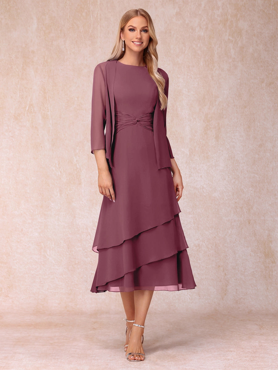 Elegant Royal Blue A-Line Round-Neck Three-Quarter-Sleeve Zip-Back Midi Mother of the Bride Dress