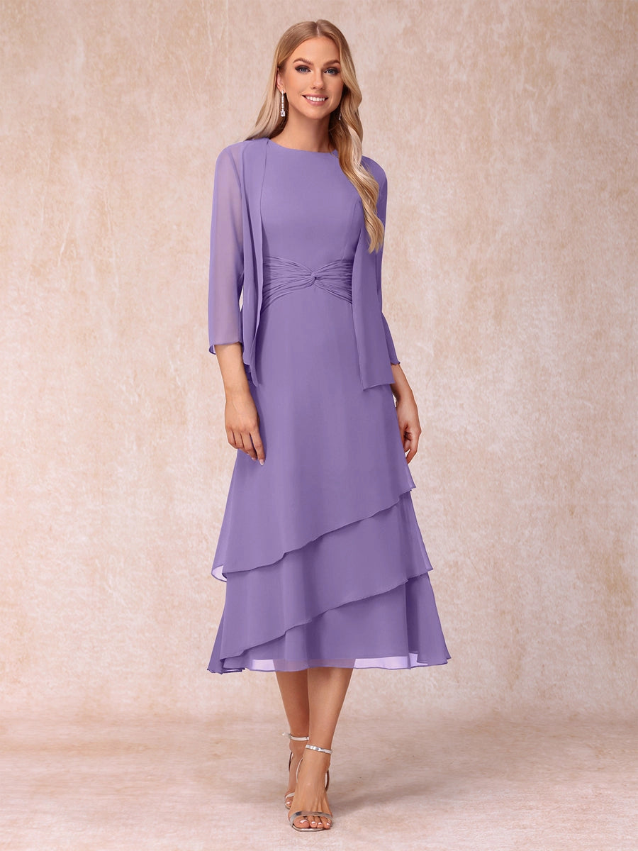 Elegant Royal Blue A-Line Round-Neck Three-Quarter-Sleeve Zip-Back Midi Mother of the Bride Dress
