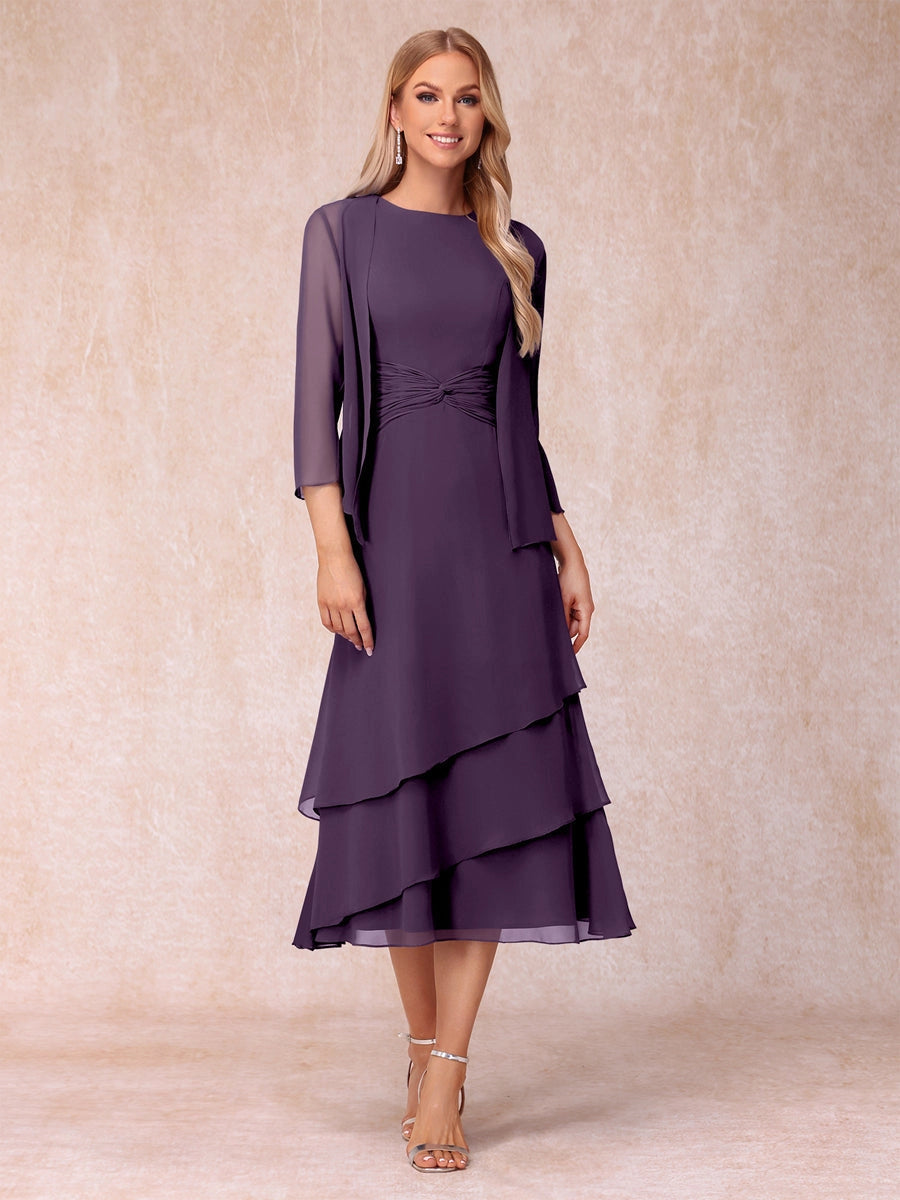 Elegant Royal Blue A-Line Round-Neck Three-Quarter-Sleeve Zip-Back Midi Mother of the Bride Dress