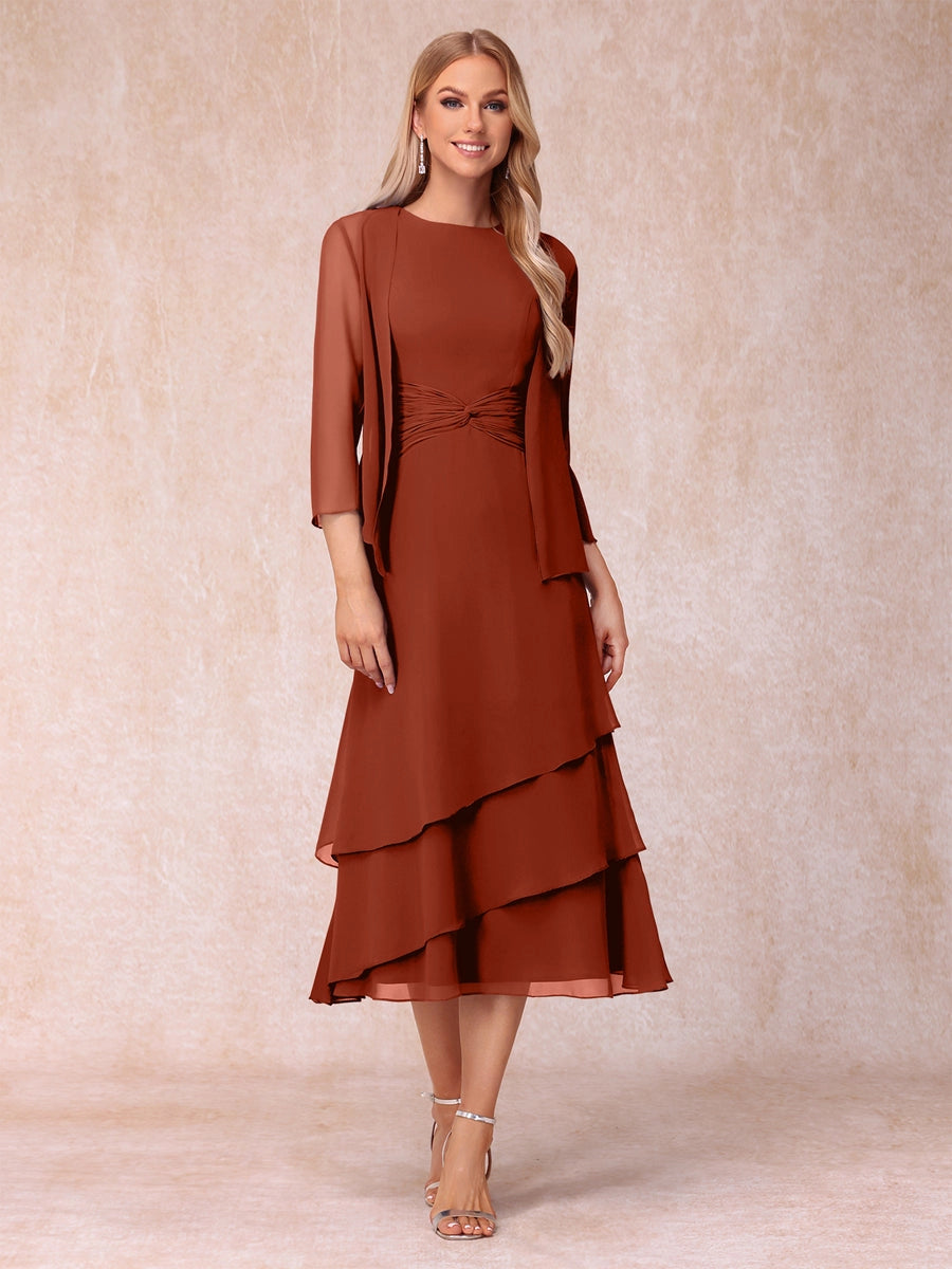 Elegant Royal Blue A-Line Round-Neck Three-Quarter-Sleeve Zip-Back Midi Mother of the Bride Dress