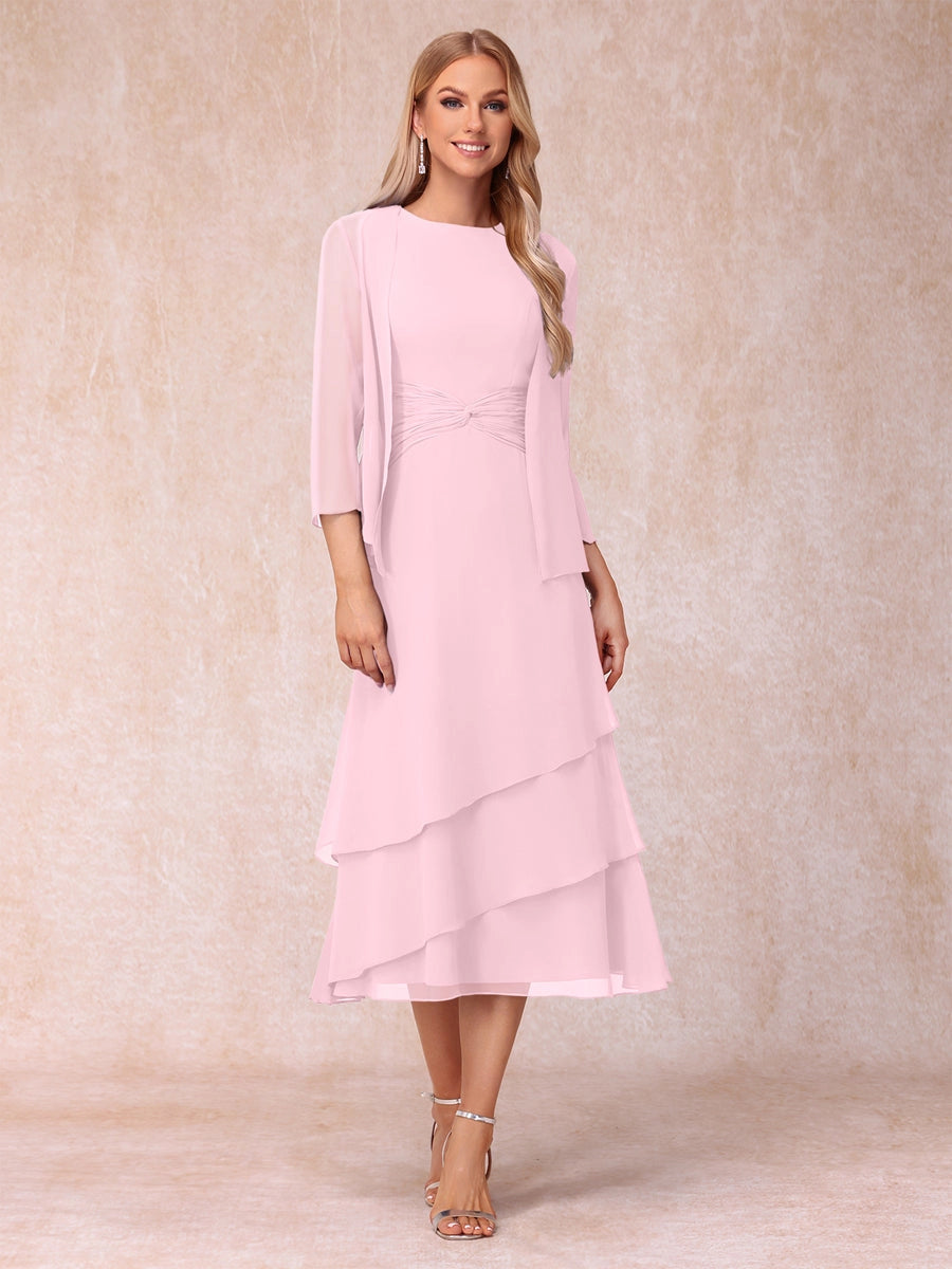 Elegant Royal Blue A-Line Round-Neck Three-Quarter-Sleeve Zip-Back Midi Mother of the Bride Dress