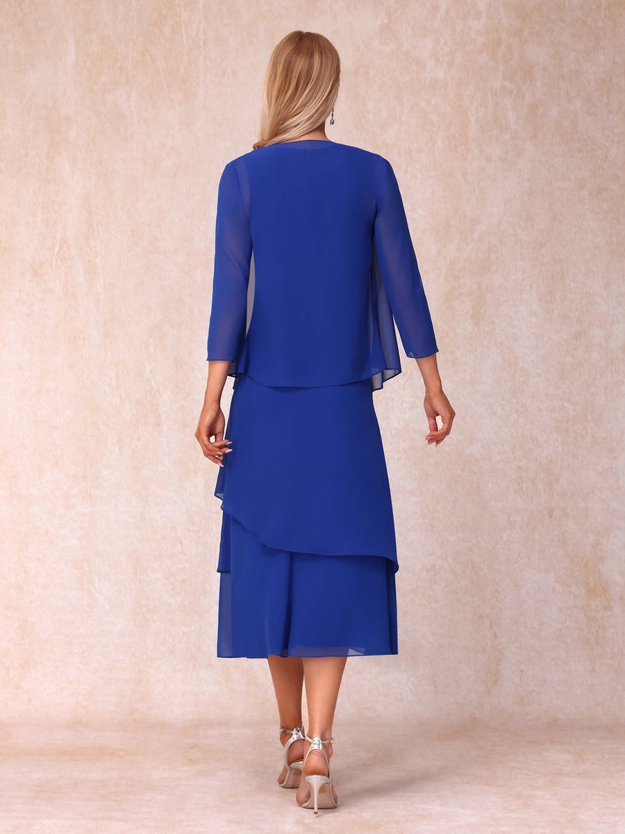 Elegant Royal Blue A-Line Round-Neck Three-Quarter-Sleeve Zip-Back Midi Mother of the Bride Dress