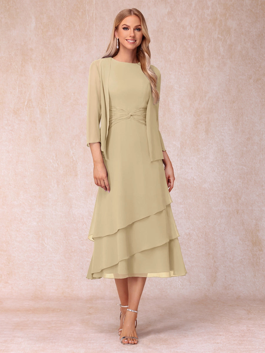 Elegant Royal Blue A-Line Round-Neck Three-Quarter-Sleeve Zip-Back Midi Mother of the Bride Dress
