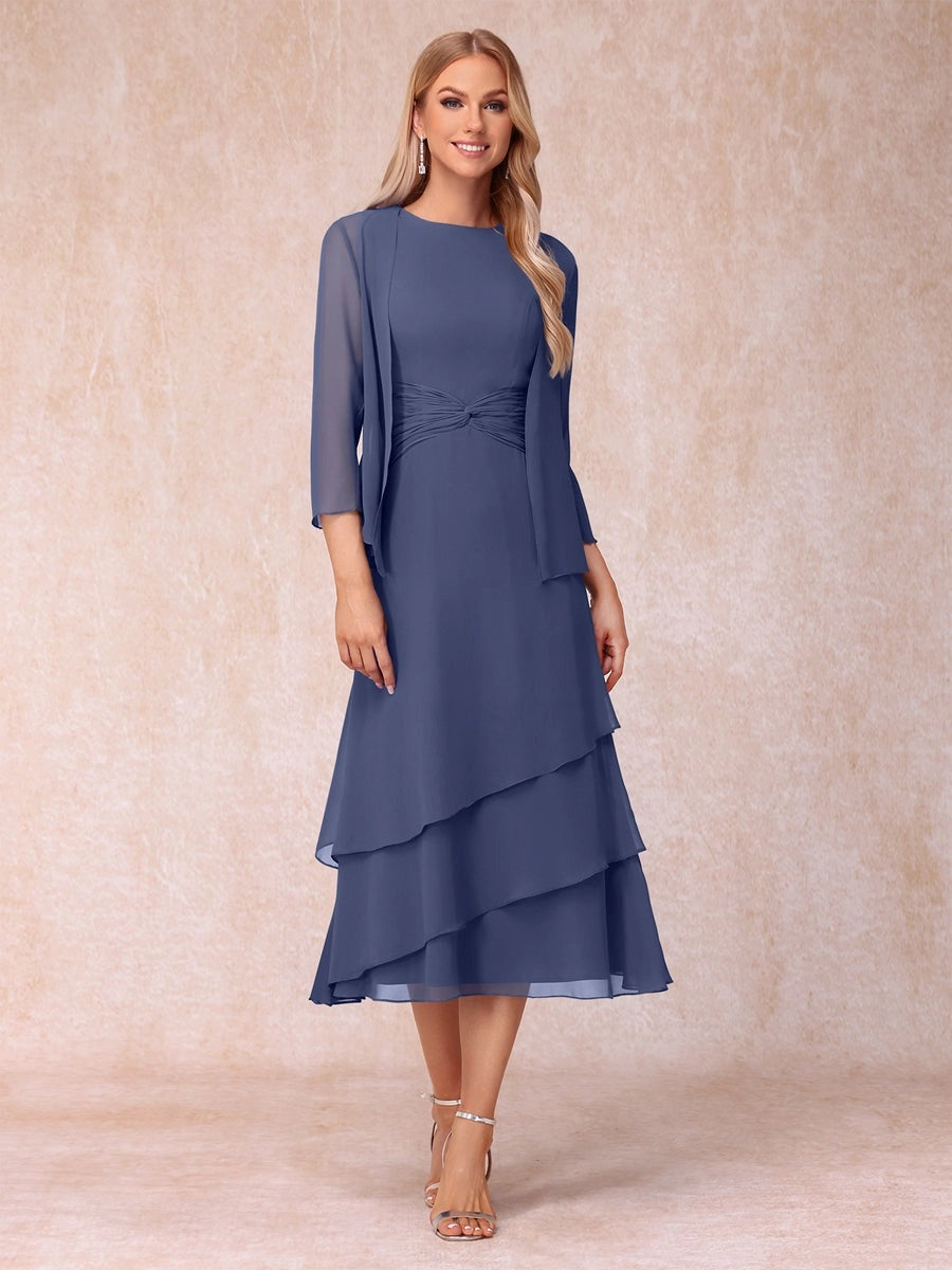 Elegant Royal Blue A-Line Round-Neck Three-Quarter-Sleeve Zip-Back Midi Mother of the Bride Dress