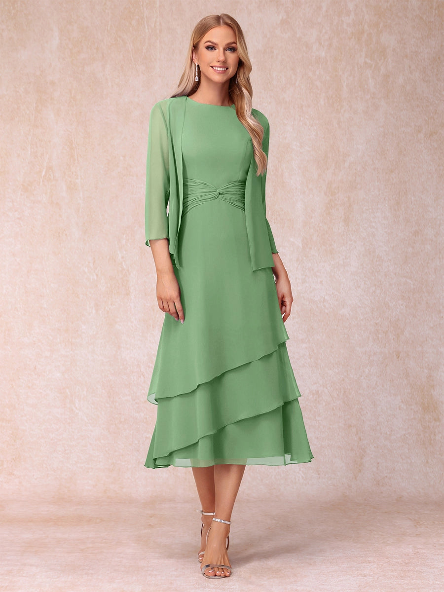 Elegant Royal Blue A-Line Round-Neck Three-Quarter-Sleeve Zip-Back Midi Mother of the Bride Dress
