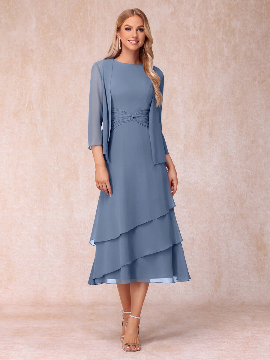 Elegant Royal Blue A-Line Round-Neck Three-Quarter-Sleeve Zip-Back Midi Mother of the Bride Dress