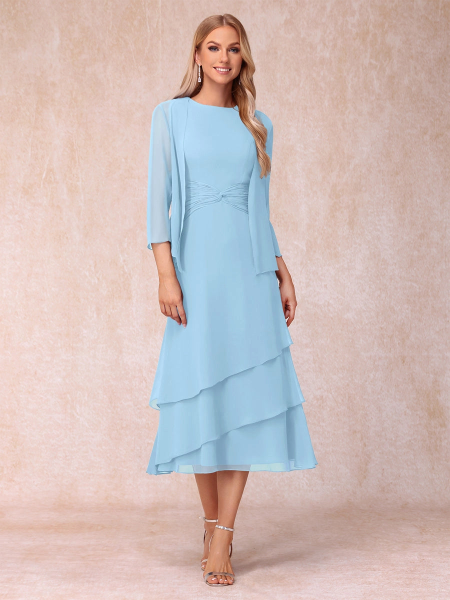 Elegant Royal Blue A-Line Round-Neck Three-Quarter-Sleeve Zip-Back Midi Mother of the Bride Dress