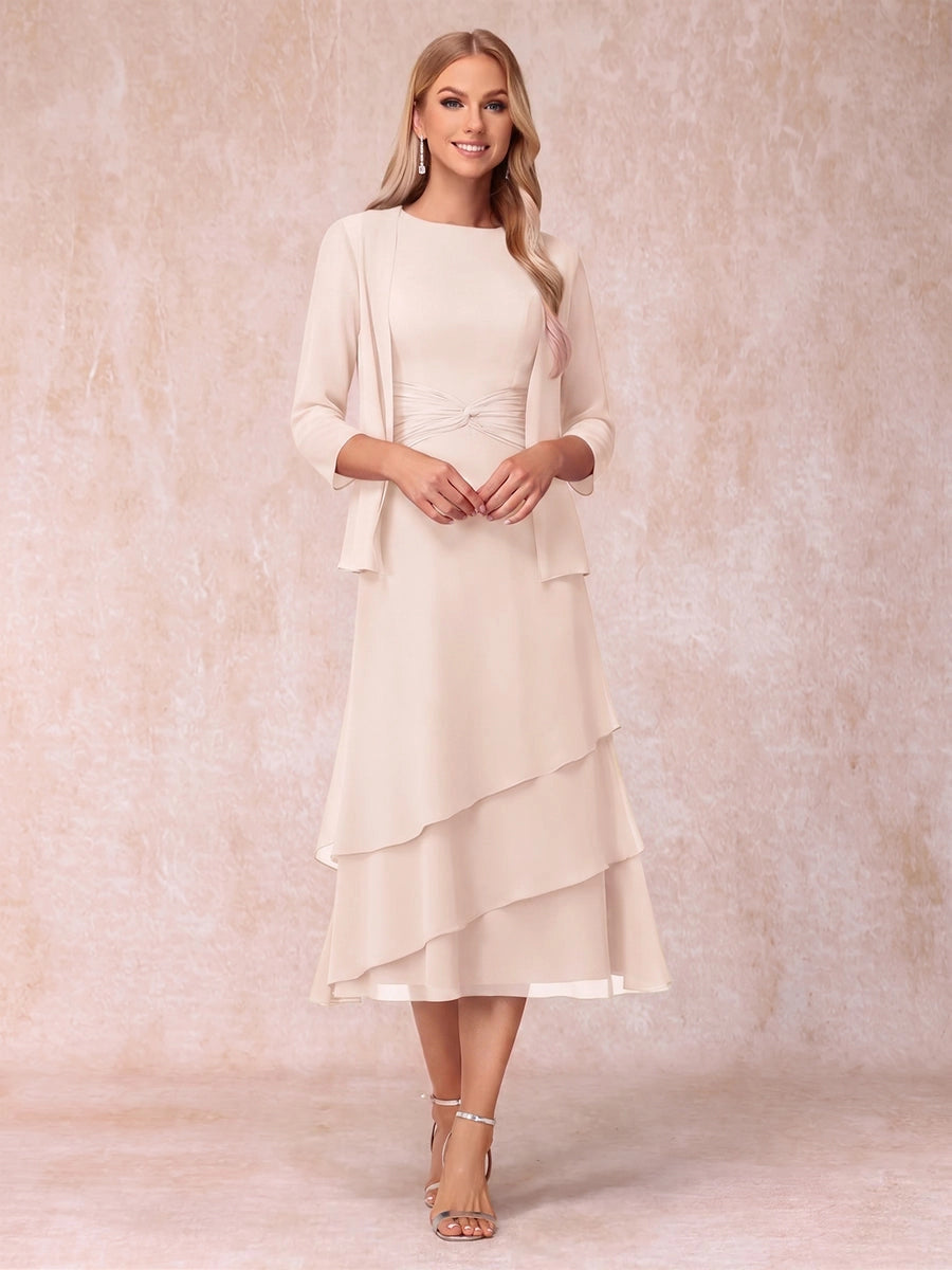 Elegant Royal Blue A-Line Round-Neck Three-Quarter-Sleeve Zip-Back Midi Mother of the Bride Dress